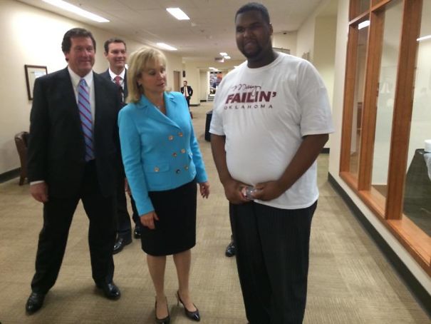 The Exact Moment Gov. Mary Fallin Realizes What The Shirt Really Says. Moments After Thanking The Man For Wearing Her Shirt