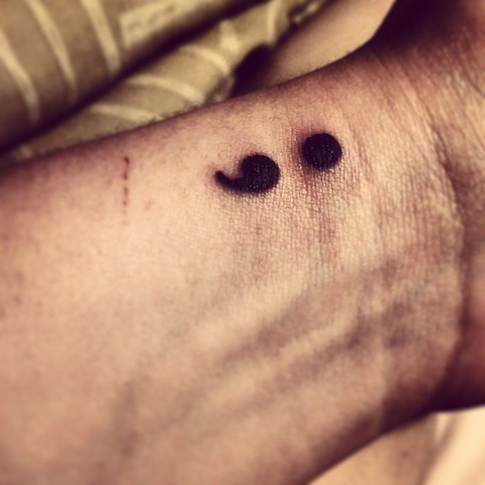 My Second Tattoo Nearly Two Weeks After My First. A Semicolon For Suicide Awareness. It May Be Small, But It Has A Powerful Meaning.