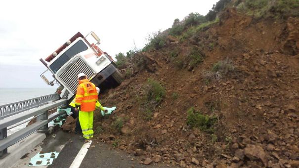 There Was A Mud Slide Just North Of My Town And This Caltrans Truck Driver Had A Very Close Call. To The Left Is The Pacific Ocean