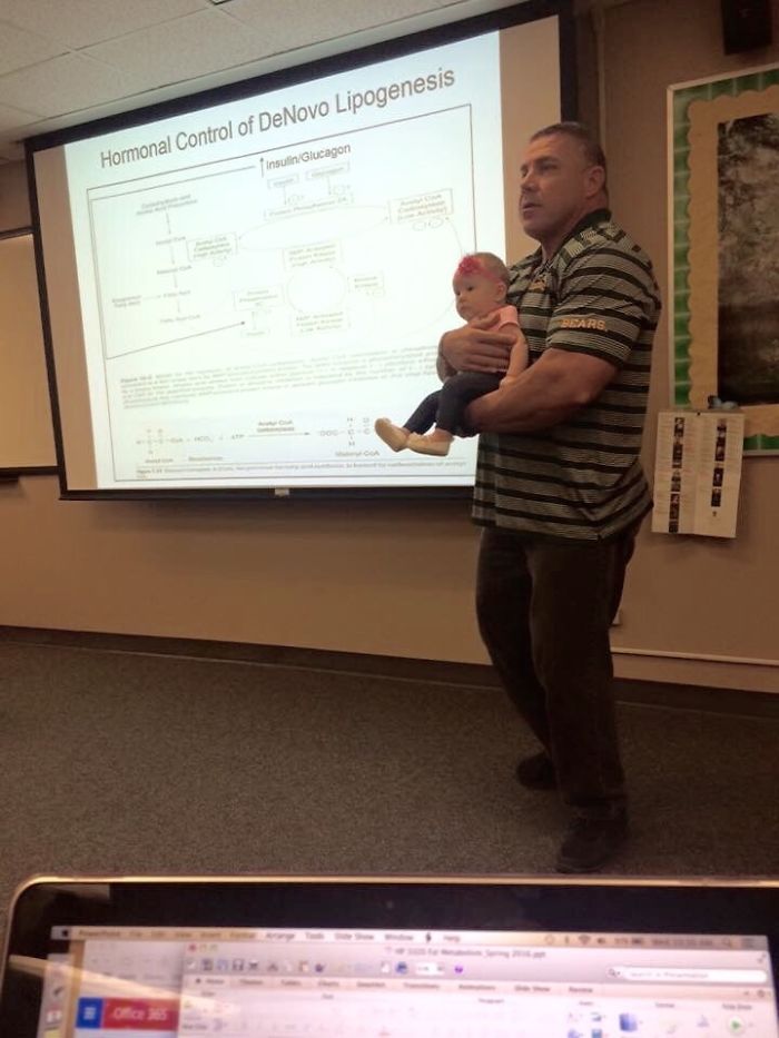 My Dad Is A College Professor. When One Of His Student's Babysitter Didn't Show, She Had To Take Her 4 Month Old Daughter To Class. She Started To Get Fussy, So He Did What Any Good Dad Would Do. They Spent Almost The Entire Class Like This!