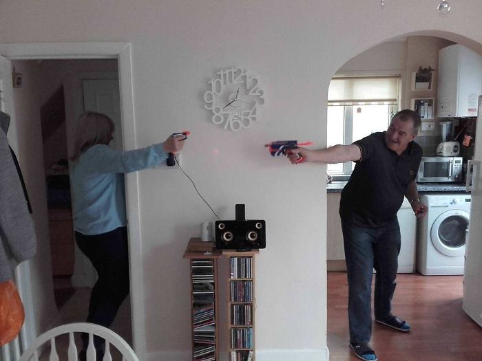 My Dad And His Fiancée, In The Middle Of A Nerf War. The Sort Of Relationship You Want To Have In Your 50's