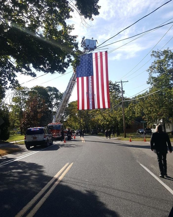 My Uncle Passed Last Week, He Was Fireman For 50 Years, And Veteran. We Went Under 4 Flags Like This In The Funeral Precession
