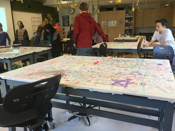 This School Has Canvas On All Of The Table So Kids Can Draw During Class