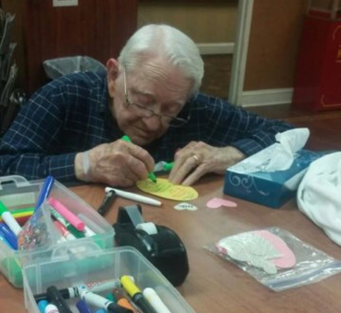 92 Year Old Man Making A Card For His 93 Year Old Wife