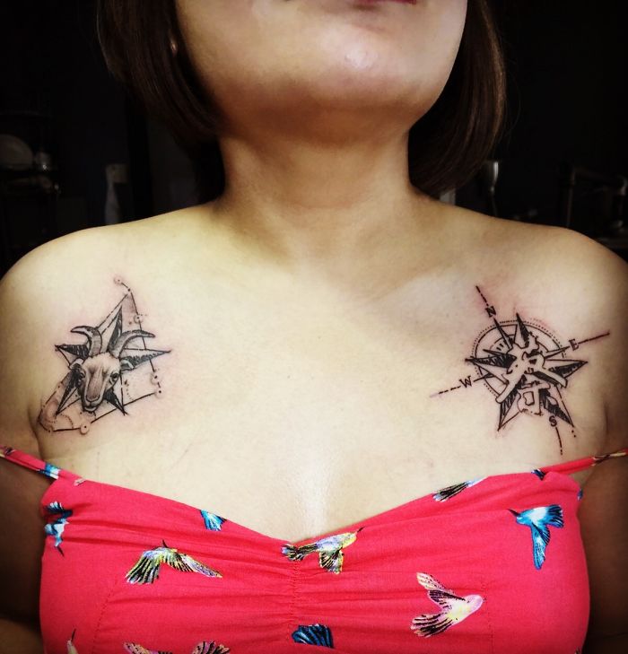 On The Right Is My Family Name Over The Nautical Star And Compass, And On The Left Is The Capricorn Goat Head Over The Nautical Star Surrounded By The Same Constellation. I Had My Family Name Inked Mainly Because Of My Grandpa, And That I Know, I Will Always Have A Home To Come Back To. While The Capricorn One, I Felt That It Truly Reflects My Character And How I Lead My Life.