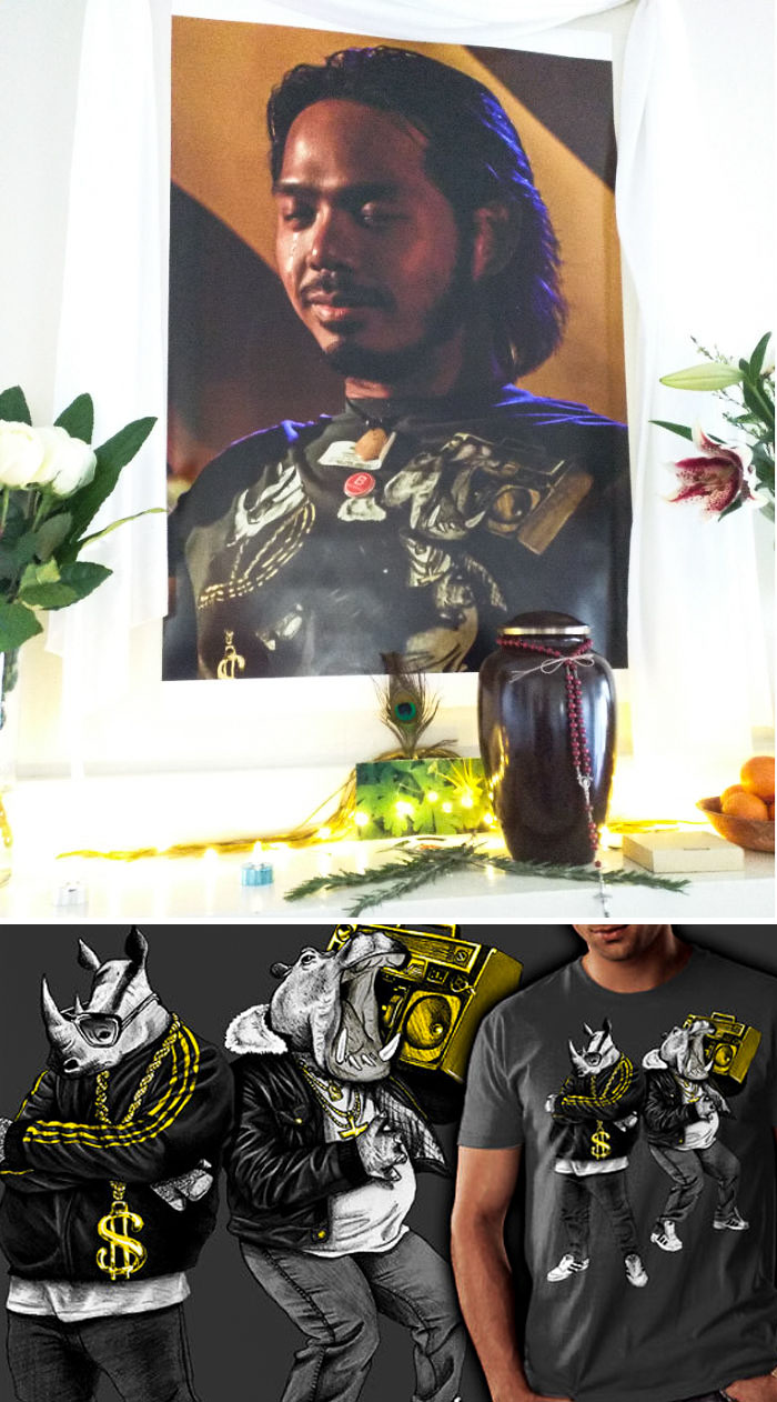 My Brother Is Wearing A Hiphop-Apotamus & Rhymenocerous Shirt In His Funeral Portrait. I Can't Stop Laughing. He Would Love This