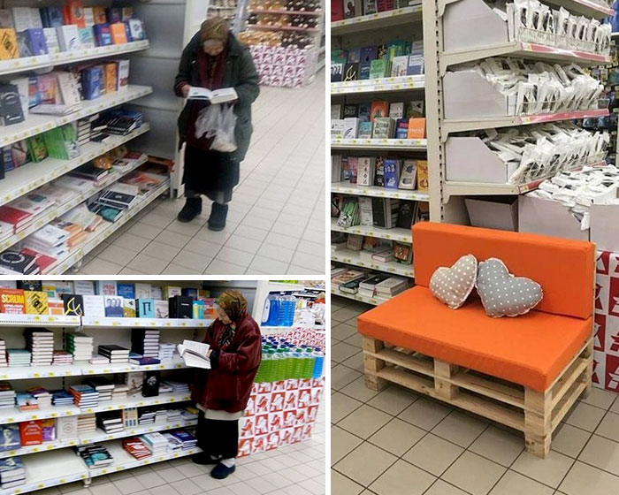 This Old                                                           Lady Goes To                                                           The                                                           Supermarket To                                                           Read Books All                                                           The Time So                                                           The Manager                                                           Put A Little                                                           Bench For Her