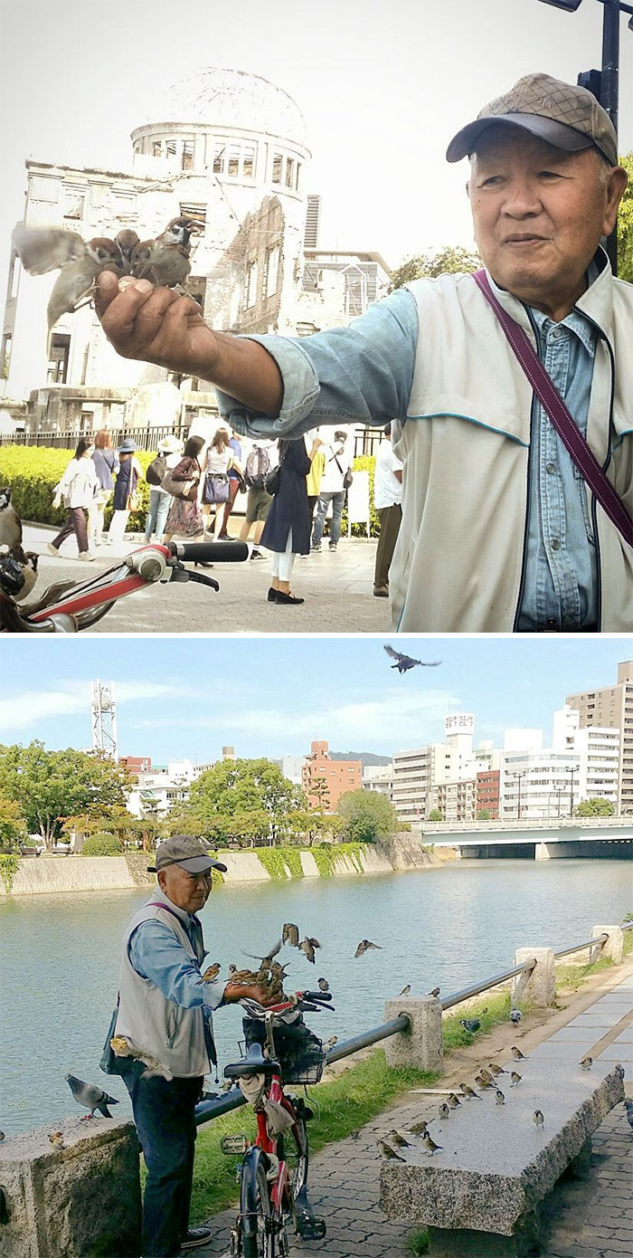 This Man Said He Was 10 When The Atomic Bomb Hit Hiroshima. He Had So Little Food That Him And The People Around Him Ate Small Birds To Survive. Now He Feeds Sparrows Every Day To Show Them His Thanks