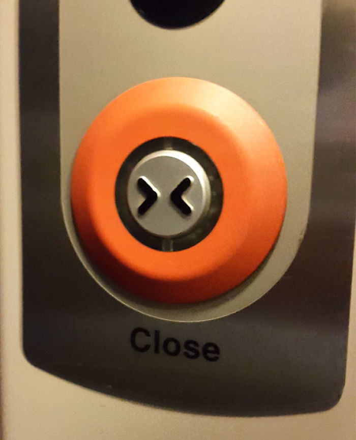 Close button resembling X-Men logo, showcasing accidental cosplay in a fun elevator design.