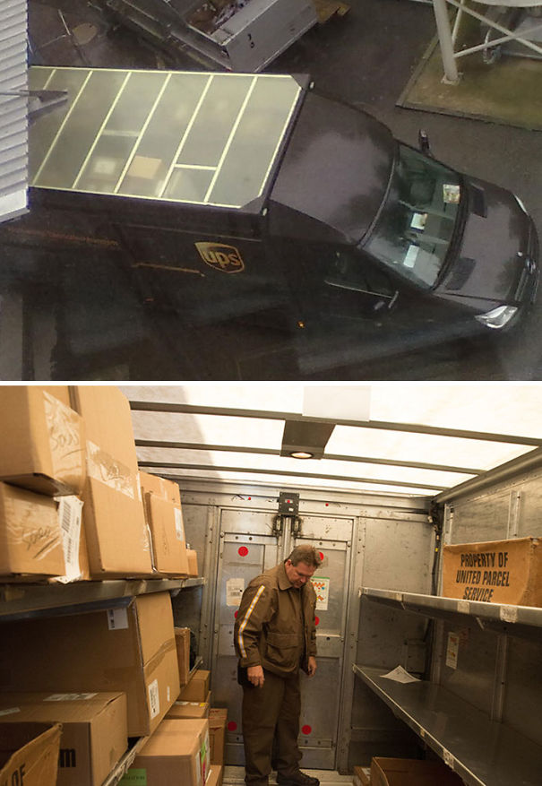 The Roofs Of UPS Trucks Are Not Brown. They're Translucent So The Inside Of The Truck Doesn't Need To Be Lit During The Day