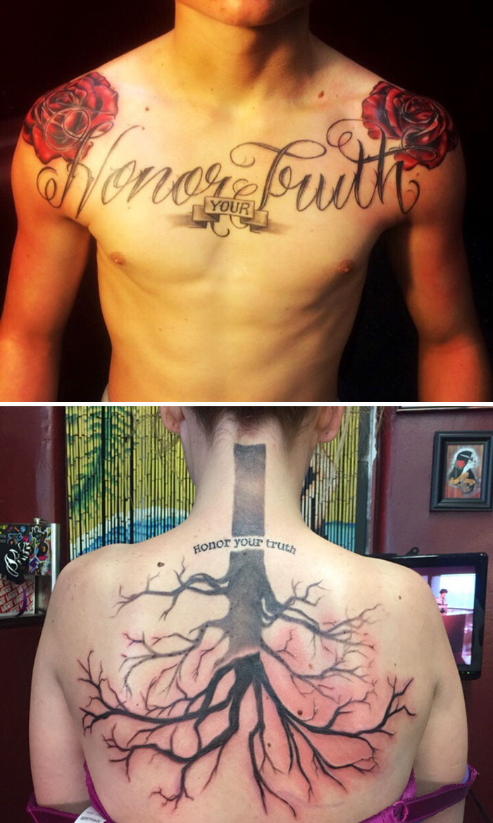 Mi hermano fue asesinado en 2015. Tenía este tatuaje "Honra tu verdad". Tras su muerte, plantamos un roble en su tumba. Este es el tatuaje que me he hecho para recordarlo