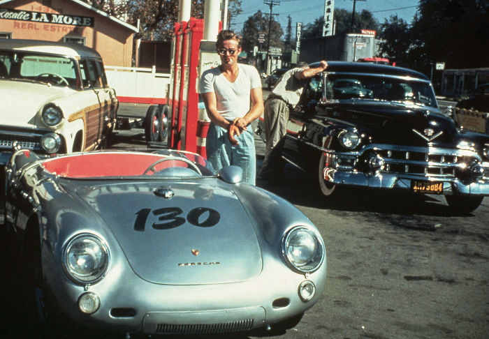 James Dean At A California Gas Station With His Silver Porsche 550 Spyder, Named "Little Bastard," Just Hours Before His Fatal Crash. September 30, 1955