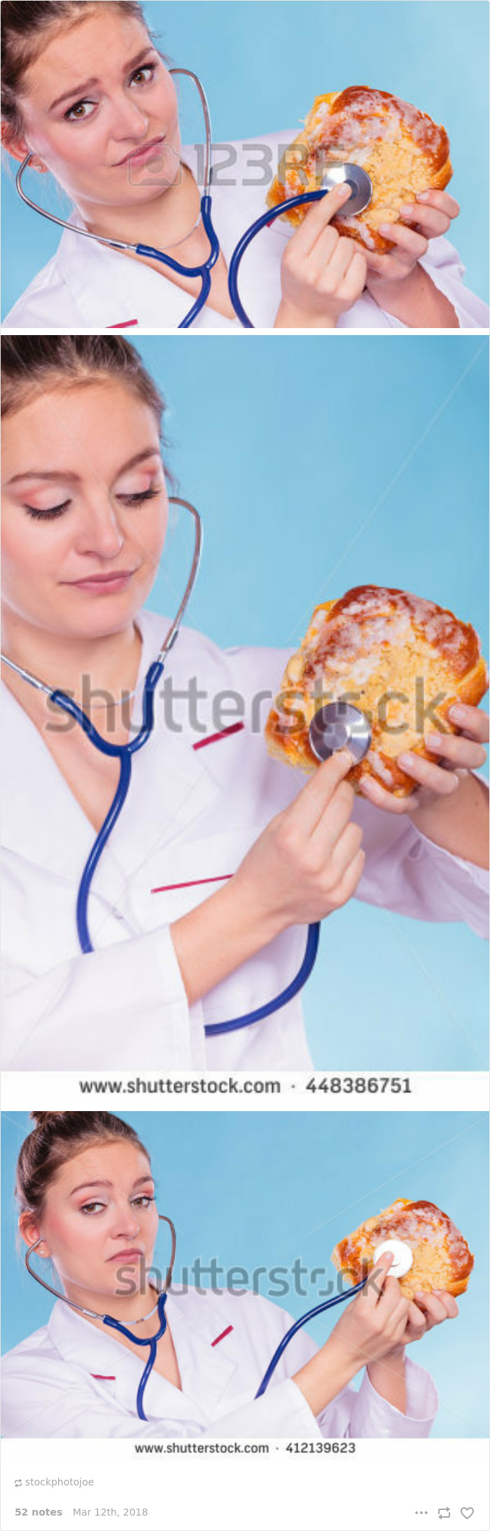 Disgusted woman dietitian checking sweet roll bun with stethoscope