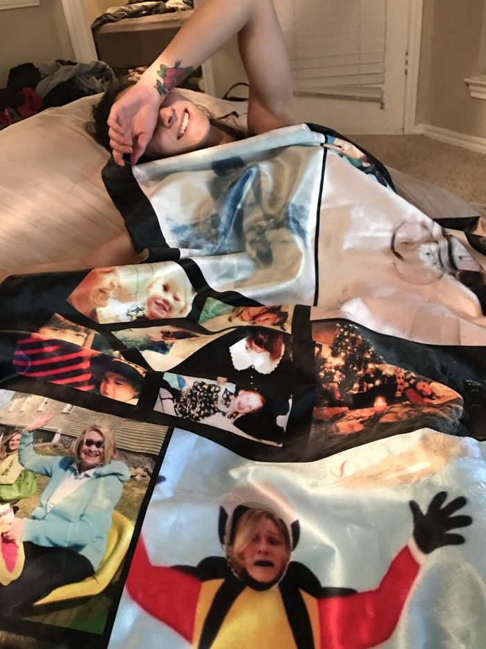 I Ordered My Girlfriend A Collage Blanket Covered In Photos Of Myself, And They Sent Another Family's Blanket. Gave It To Her Anyway