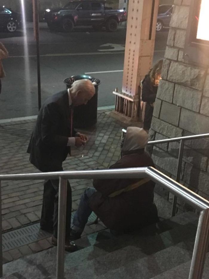Vice President Joe Biden Was Spotted In DC Taking His Granddaughter To The Movies. Someone Took This Photo Of Him Stopping To Speak With A Homeless Man Outside Of The Movie Theater On His Way Out