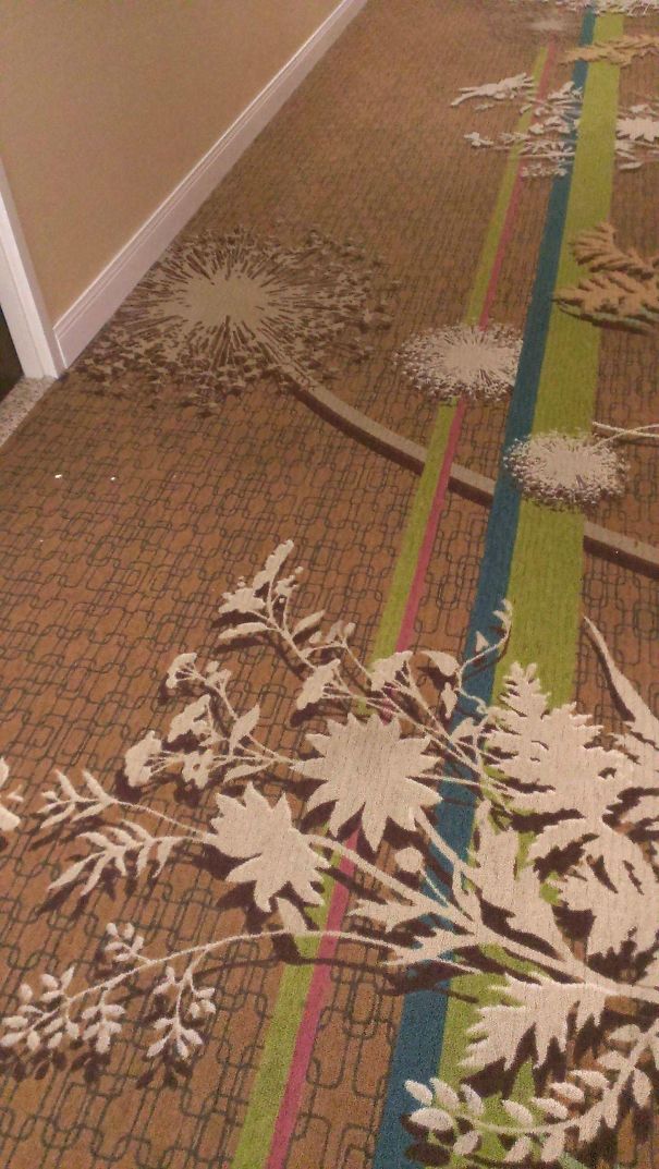 The Carpet Of This Hotel Had 3D Looking Flowers Printed On It