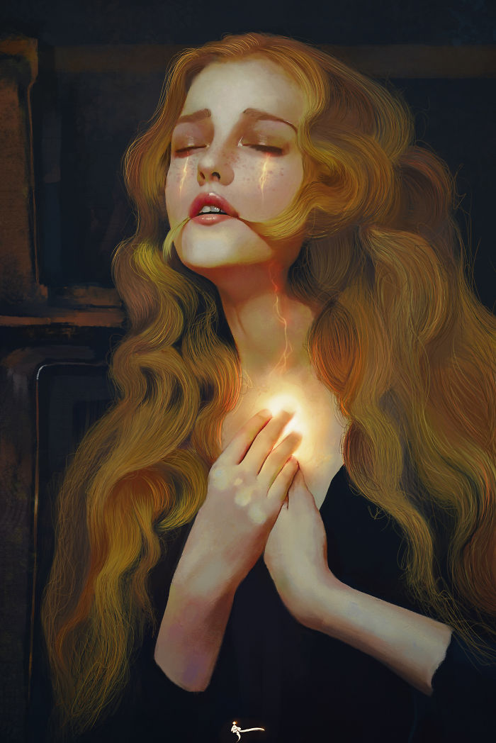 Digital painting of a woman with glowing chest light expressing emotion in art to cope with depression theme.