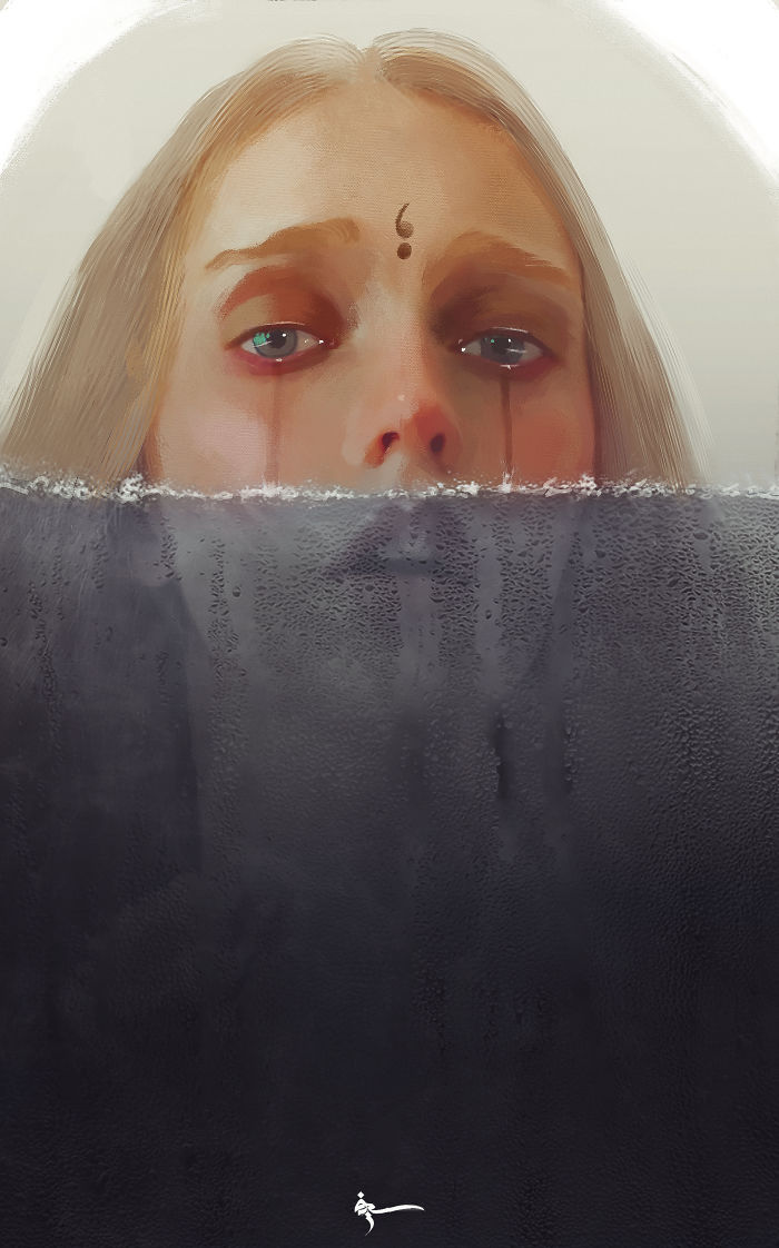 Digital painting of a woman with tears behind a foggy glass, expressing emotions tied to art coping with depression.