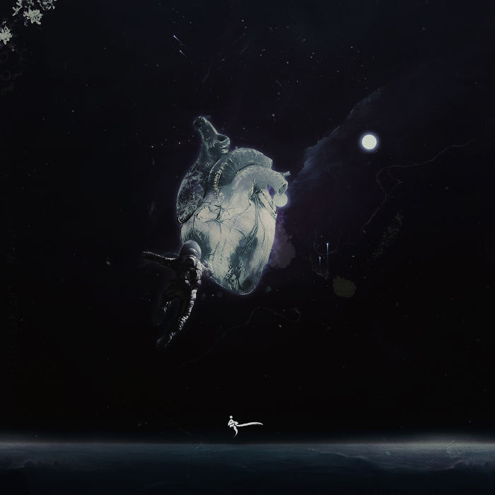 Surreal digital painting showing a glowing anatomical heart in space with a floating astronaut, representing art for depression.