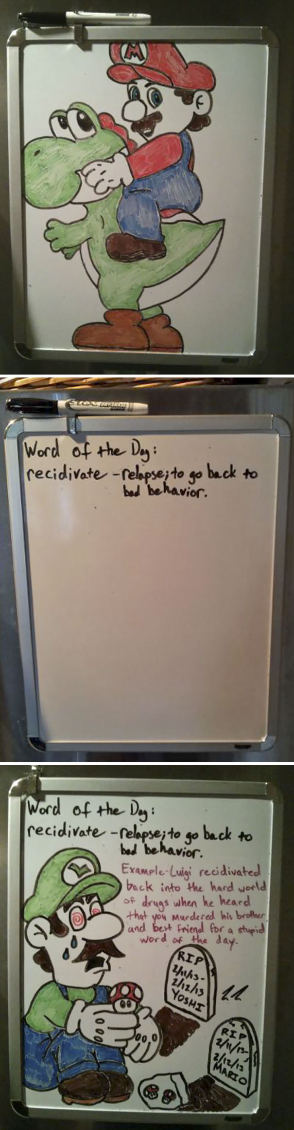 Roommate Replaced My Mario Doodle With A Word Of The Day On Our White Board