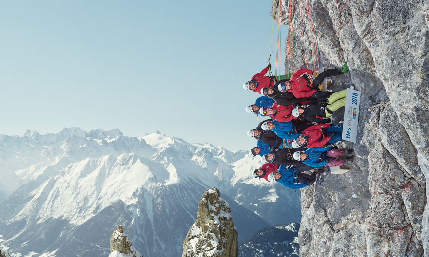 Swiss Students Stand Sideways On A Mountain For A Spectacular Photo