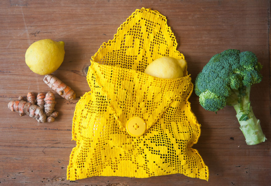 I Dyed A Gross Doilie With Turmeric And Made An Adorable, Reusable Produce Bag.