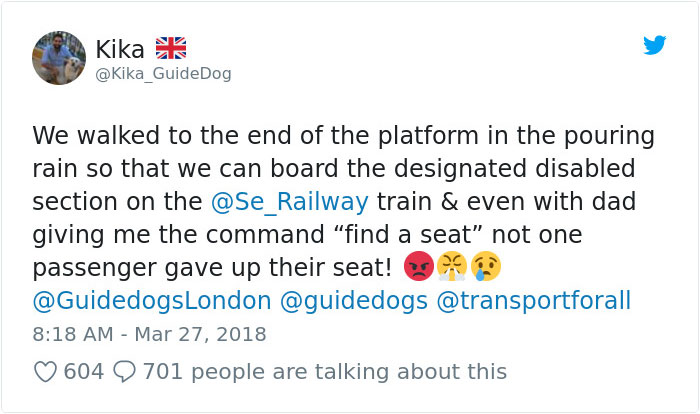 Blind Man Left In 'Tears' After Nobody Gave Up Their Seat For Him And His Guide Dog On The Train