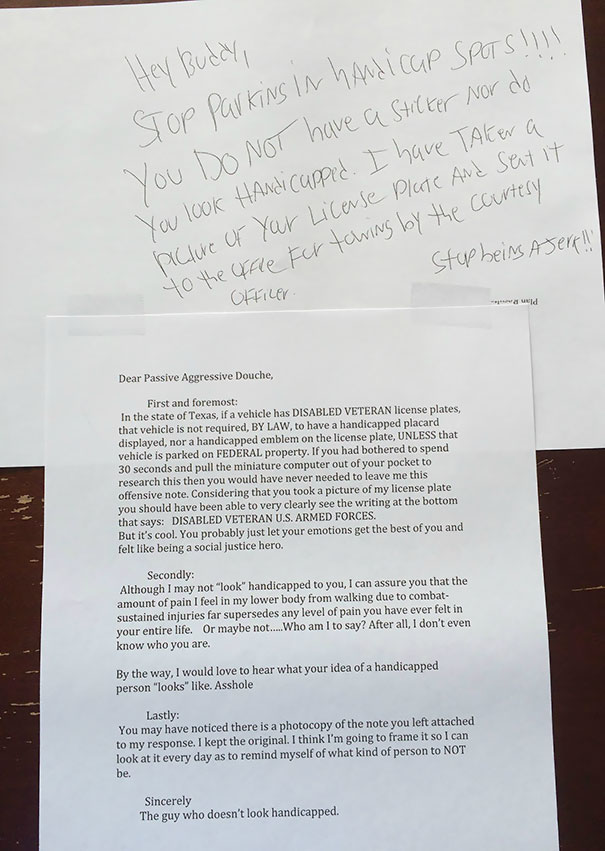 Note From Angry Neighbor (Above) And Appropriate Army Vet Response (Below)