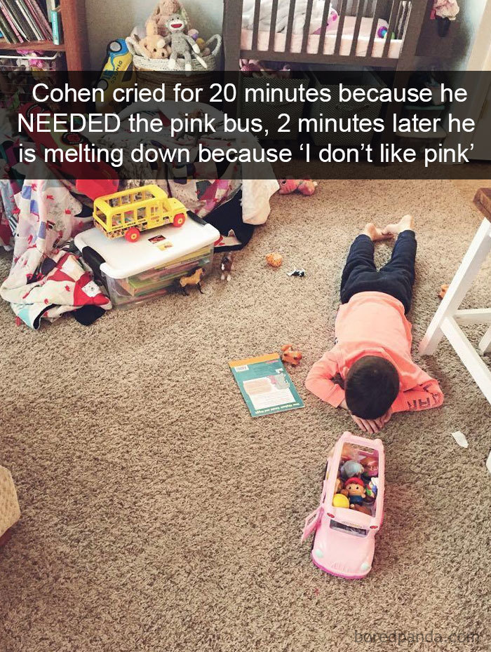  Cohen Cried For 20 Minutes Because He Needed The Pink Bus, 2 Minutes Later He Is Melting Down Because ‘I Don’t Like Pink’