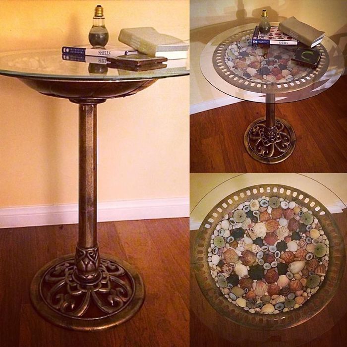 Sea Shell Side Table, Made With Hand Collected Sea Shells, A Bird Bath, And A Glass Table Top.