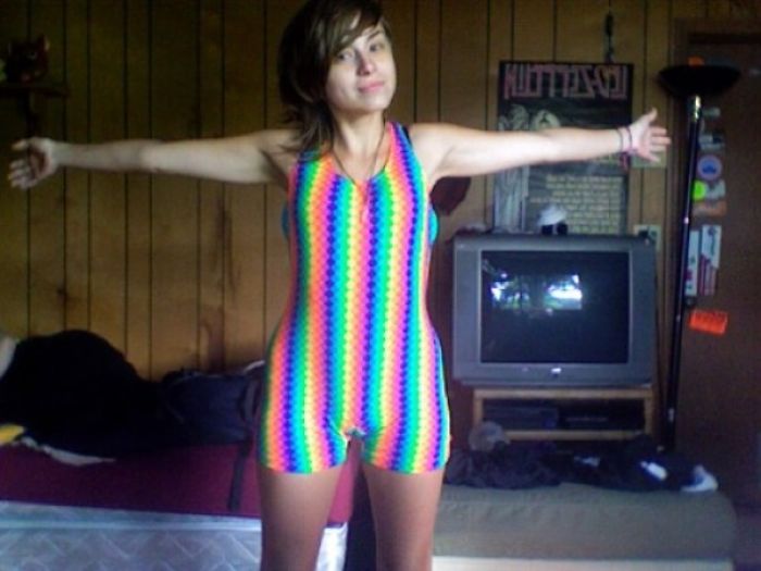 Stumbled Upon Some Thrift Store Gold This Morning. A Rainbow Onesie, Complete With Awkward Camel Toe
