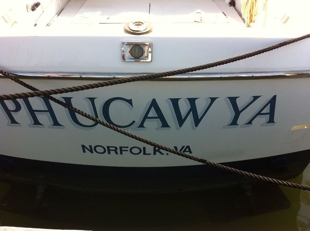 A Local Artist Hand Paints Boat Names, He Does It For Free If You Let Him Name The Boat. Here Is One Of His Freebies