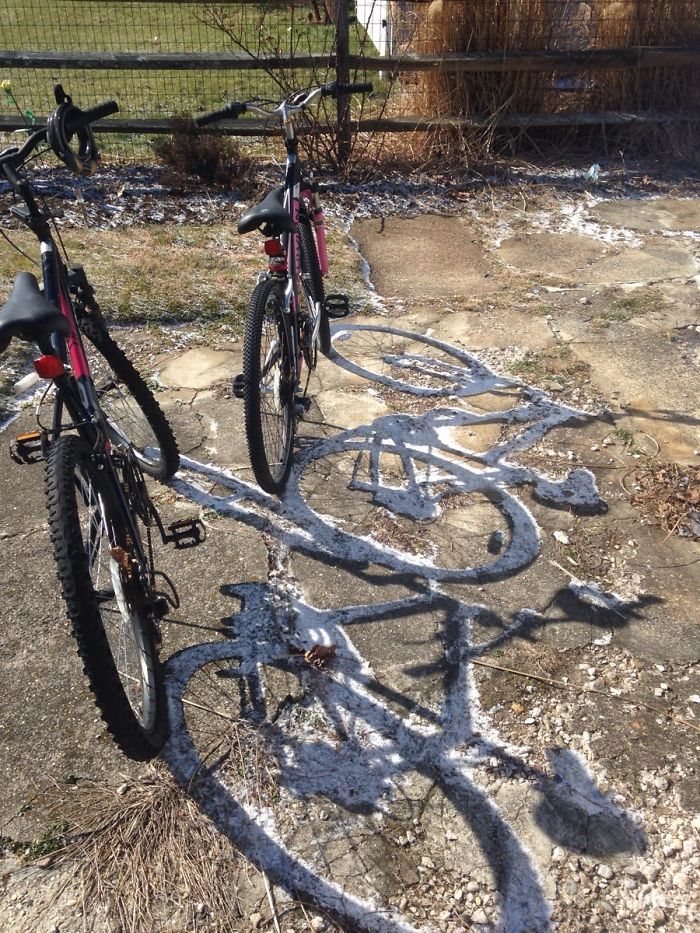 The Sun Melted The Snow Everywhere Except Where The Bikes' Shadows Were