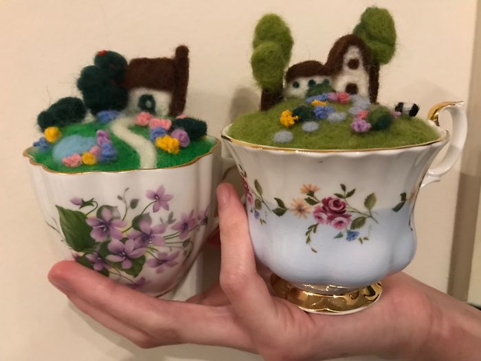 Antique Teacup Fairy Gardens. My Daughter And I Made These By Felting Wool!