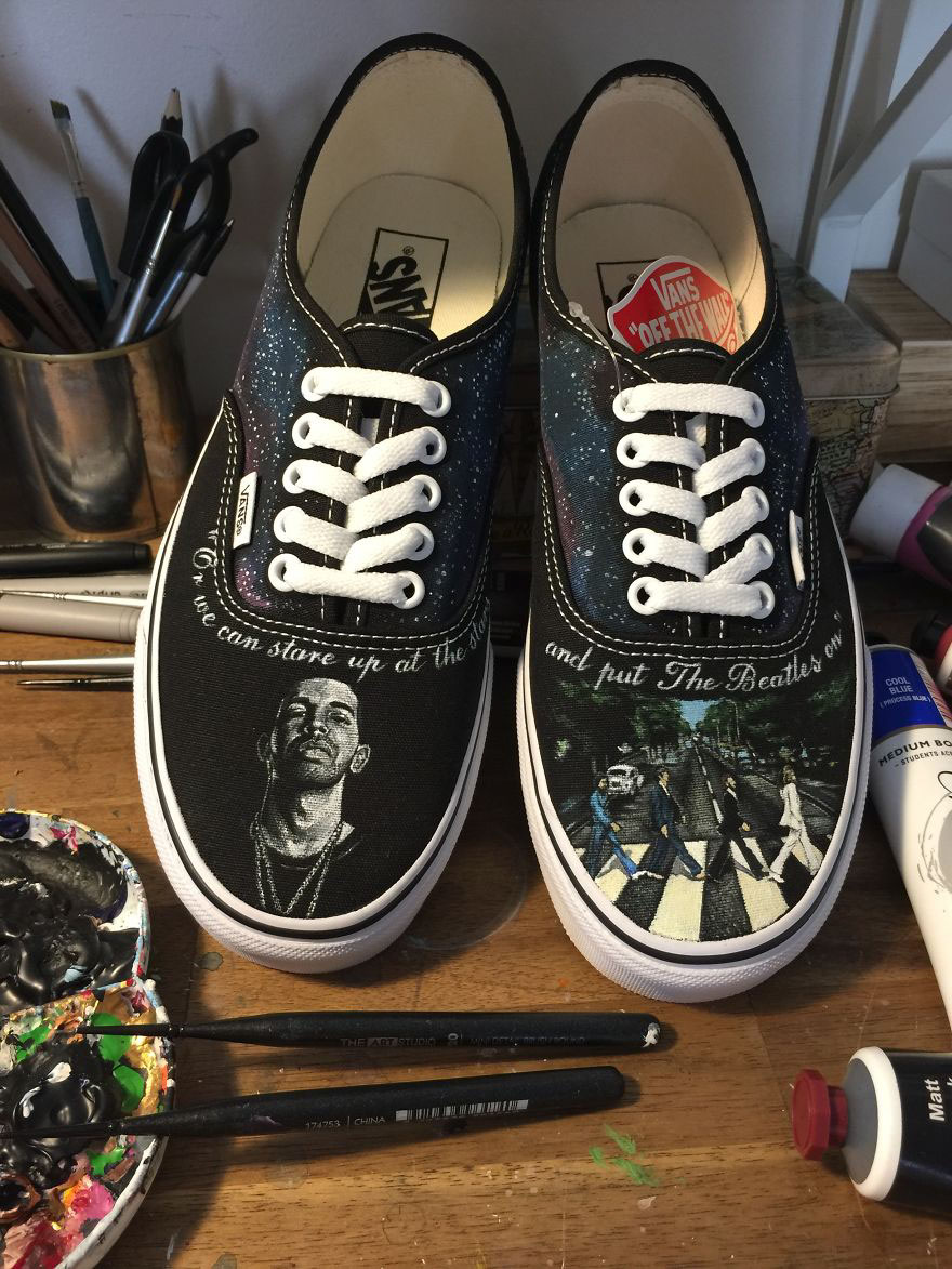 I Created A Visual Collaboration Of Musical Artists Drake & The Beatles On Custom Handpainted Vans