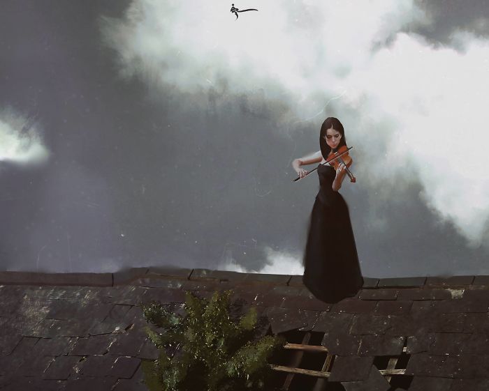 Digital painting of a woman in a black dress playing violin on a rooftop, illustrating art coping with depression themes.