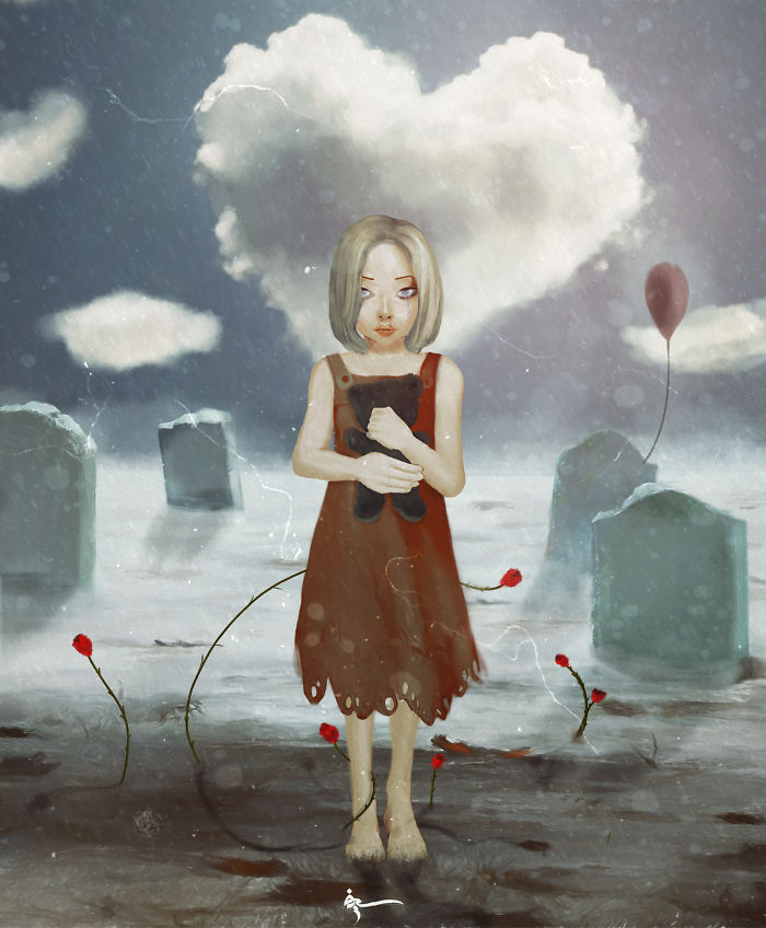 Digital painting of a girl holding a teddy bear in a somber graveyard, illustrating art to cope with depression.
