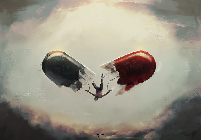 Surreal digital painting of a person falling between two broken giant pills, symbolizing coping with depression through art.