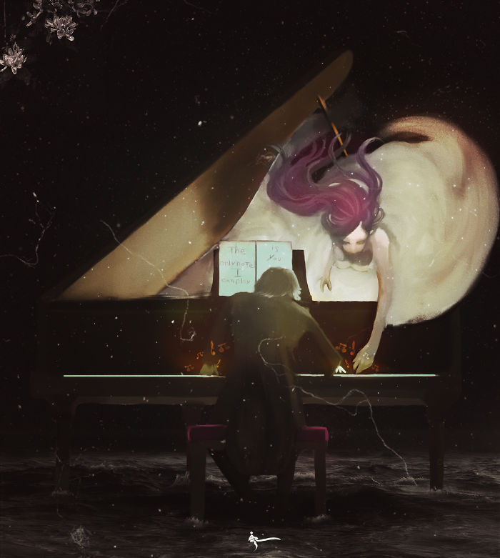 Digital painting of a person playing piano with a mystical figure, expressing art to cope with depression and emotions.