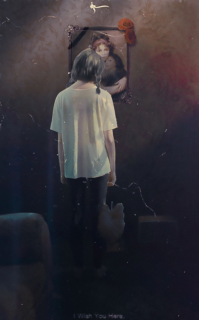Digital painting showing a person facing a framed portrait, expressing themes of art and coping with depression.
