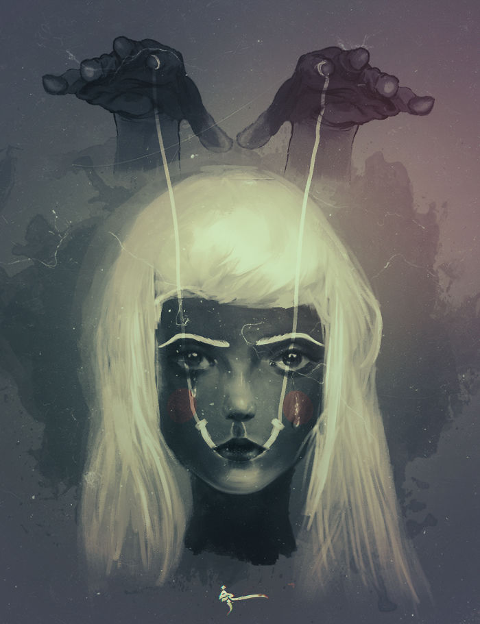 Digital painting of a somber woman controlled by dark hands, illustrating art to cope with depression and emotional struggle.