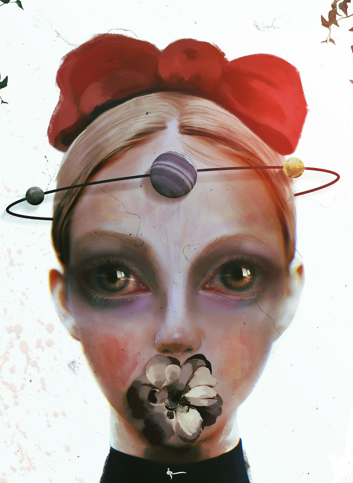 Digital painting of a surreal female face with a flower in her mouth and orbiting planets, expressing coping with depression through art.