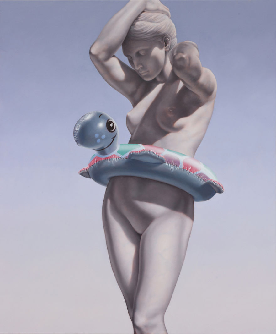 Paintings Of Statues Mocked With Modern Objects