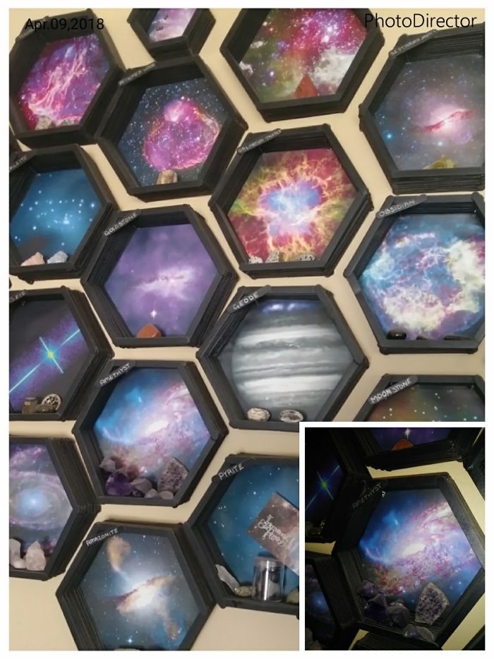 My Rock Collection In A Honeycomb Universe Made From Popsicle Sticks, Paint, And Print-Outs.