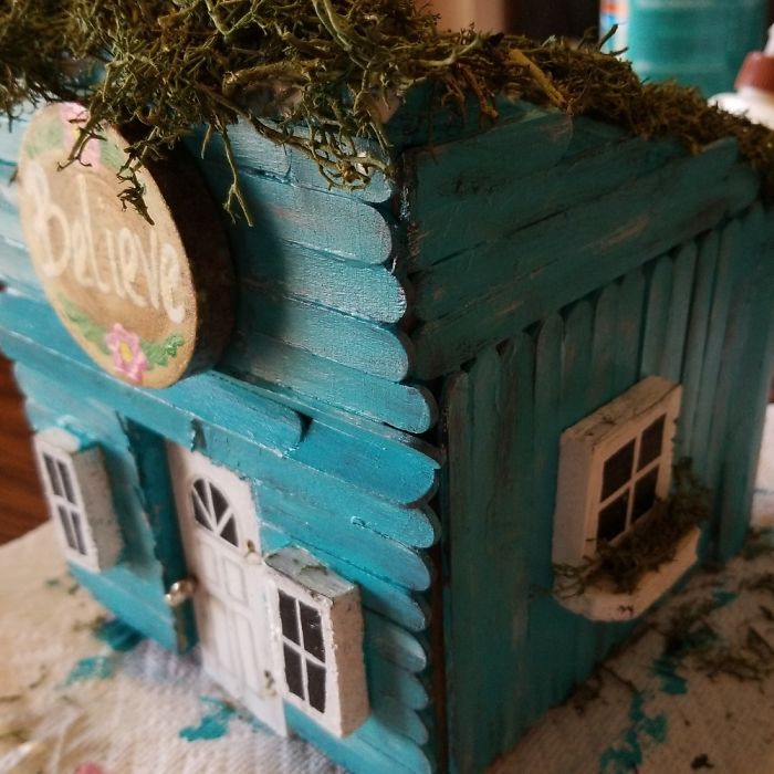Fairy House Made Of Repurposed Wood Scraps, Popsicle Sticks, And Glue.
