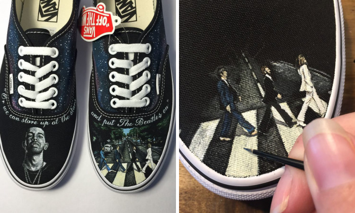 I Created A Visual Collaboration Of Musical Artists Drake & The Beatles On Custom Handpainted Vans