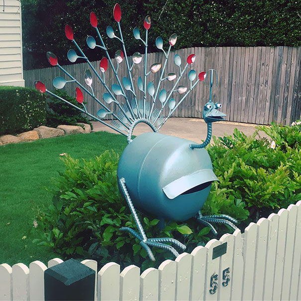 Peacock Mailbox With A Feathers Made Of Spoons