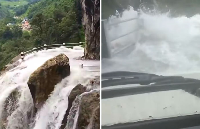 Driver Skillfully Navigates One Of The World’s Most Dangerous Roads In Nepal That Runs Through A Waterfall