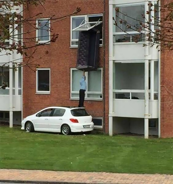 Hey, You Push This Couch Out The Window, I'll Stand On My Car And Grab It