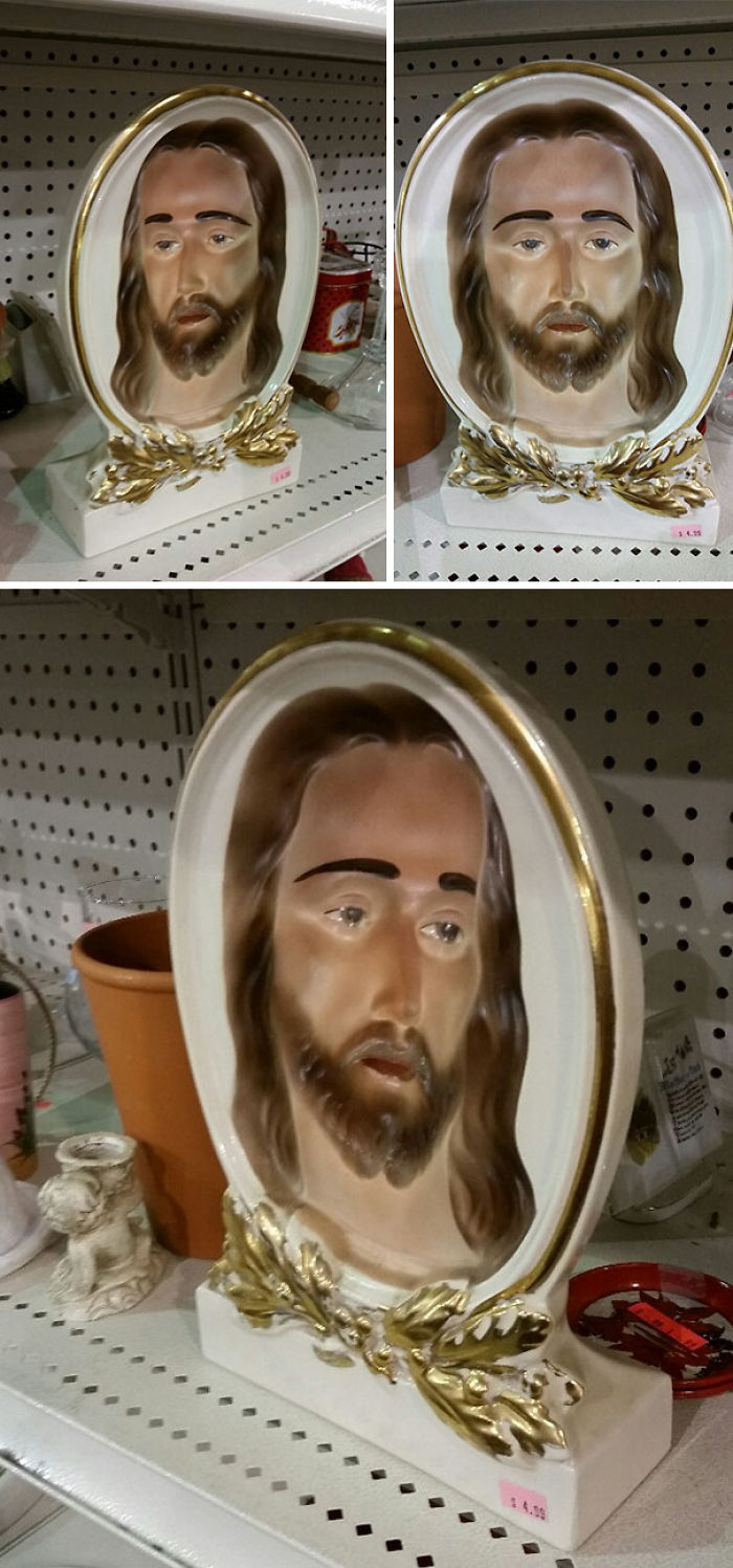 I Found One Of Those Concaved Optical Illusions At Goodwill That Follows You As You Move Around. Now I Can Disappoint Jesus From Every Angle